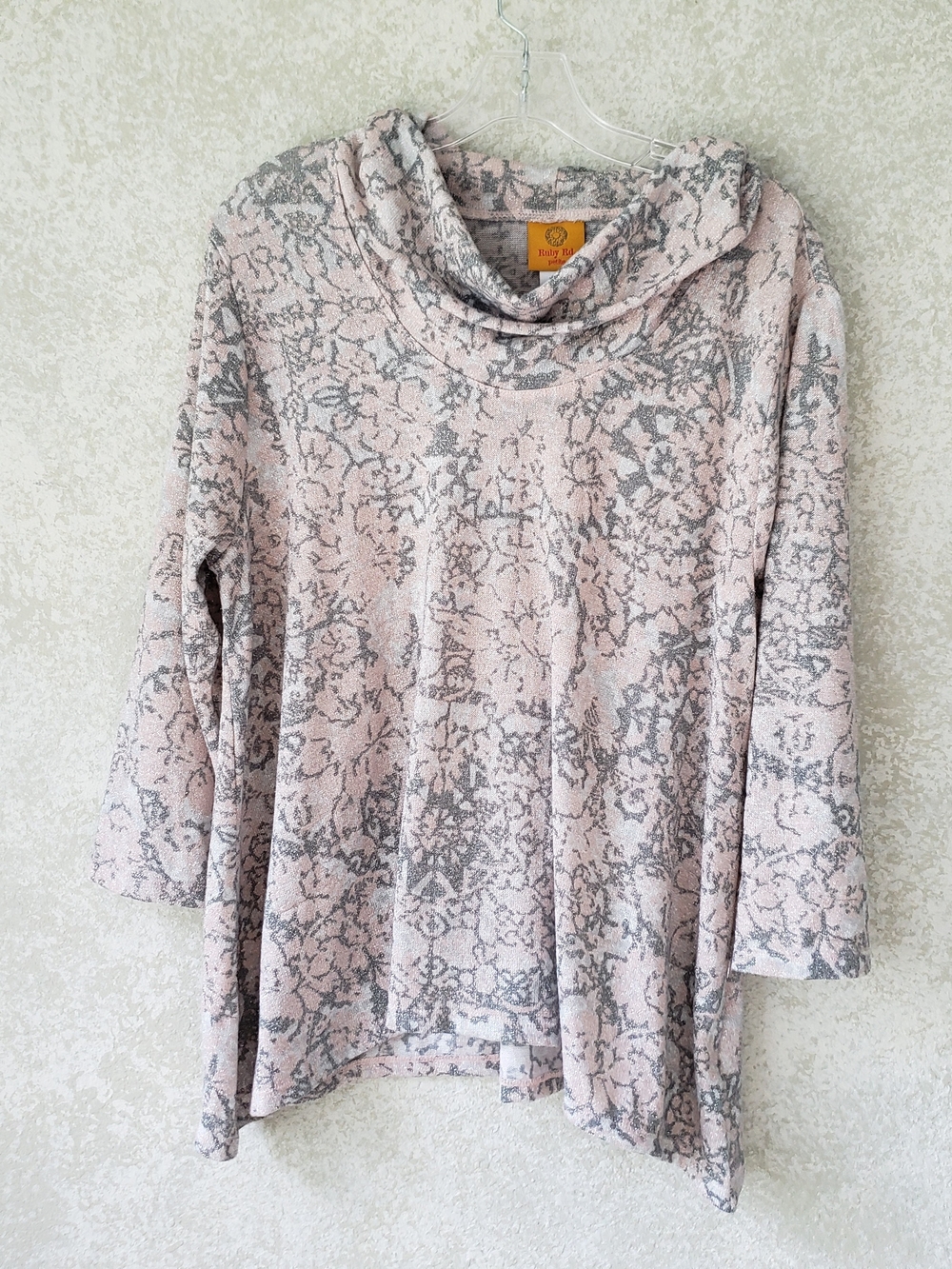 Ruby Rd Petite Pink Silver Metallic Cowl Neck Top 3/4 Sleeve PL 72353 U9